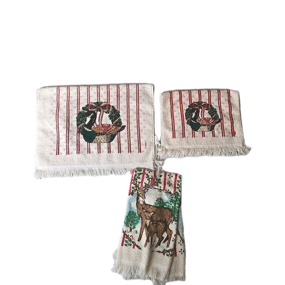 Lot of 3‎ Vtg MCM Cannon Christmas Duck Deer 100% Cotton USA Fringe Hand Towels